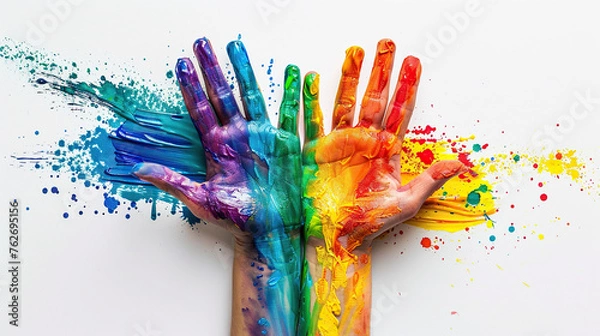 Fototapeta concept of Belonging Inclusion Diversity Equity DEIB or lgbtq,  group of multicolor painted people hands of different cultures and skin, on white background	