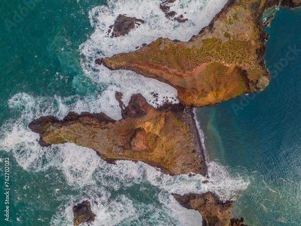 Fototapeta Sao Lourenco peninsula on Madeira from an aerial view.
Drone photos of Ponta de São Lourenço with ocean waves and clouds.