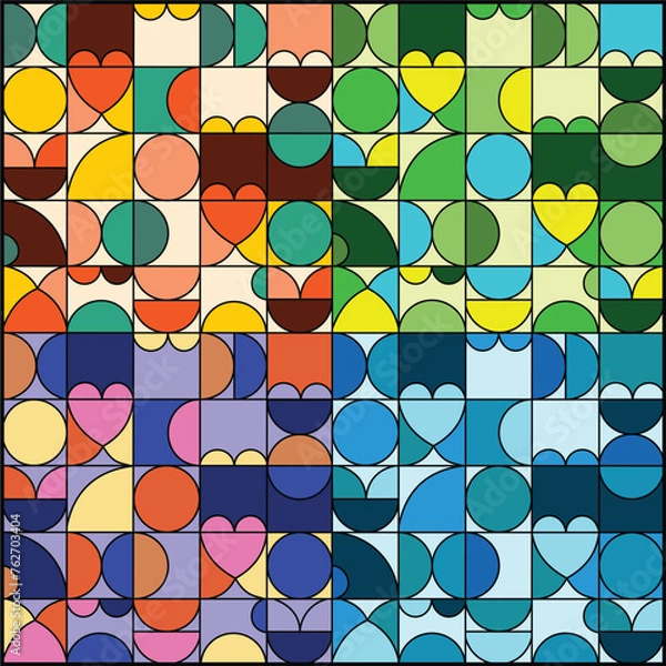 Obraz Colorful Mosaic Pattern With Hearts and Circles Vector Illustration. Circle, Hearts and Square Pattern. Cheerful and Lively Atmosphere Pattern For Any Room.