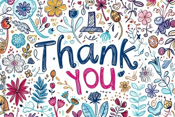 Obraz Thank you image with flowers and plants drawn around it. Great for slideshow end screens.