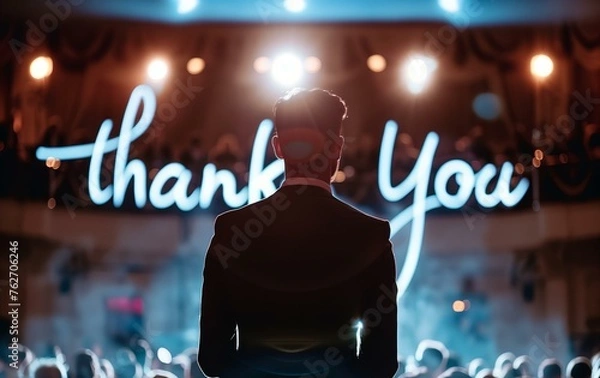 Obraz Thank you image with a background showing a speaker speaking to an audience. Great for slideshow end screens.