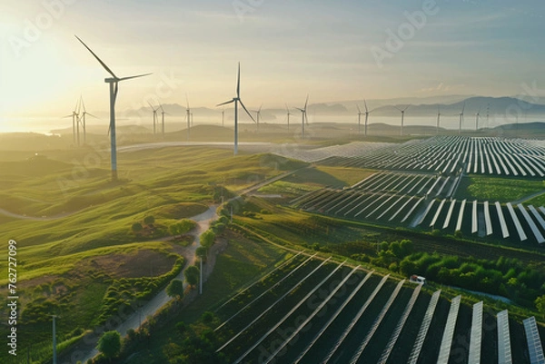 Obraz A renewable energy farm with rows of wind turbines and solar pannels