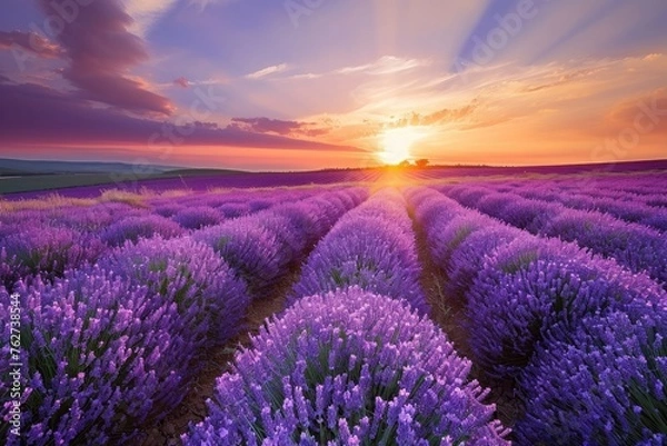 Fototapeta A photo capturing the setting sun casting a warm glow over a vibrant lavender field, Tranquil lavender fields just before sundown, AI Generated