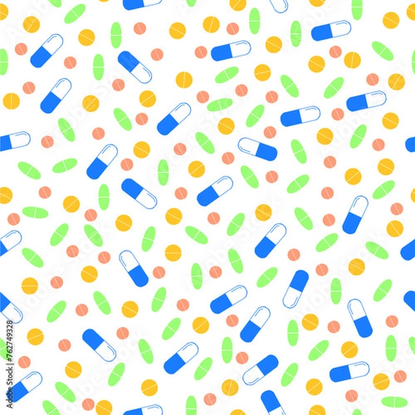 Obraz Seamless vector pattern with hand draw tablets and pills. Flat style