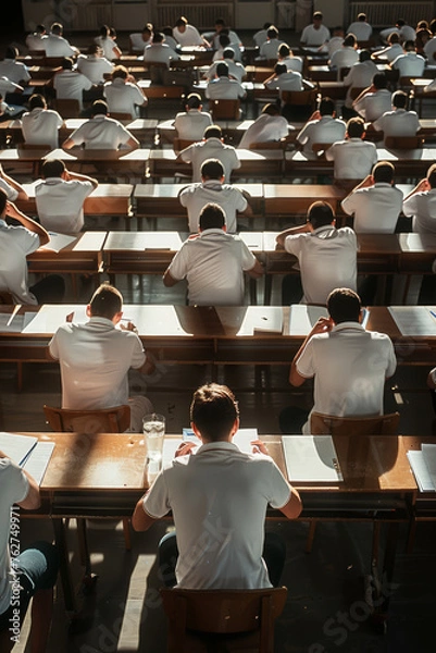 Fototapeta Sunlit exam hall filled with students, deeply concentrated on achieving academic success. Generative AI.