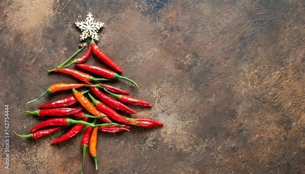 Fototapeta chili pepper pods in the shape of a christmas tree on a brown rustic background abstract christmas tree top view flat lay copy space