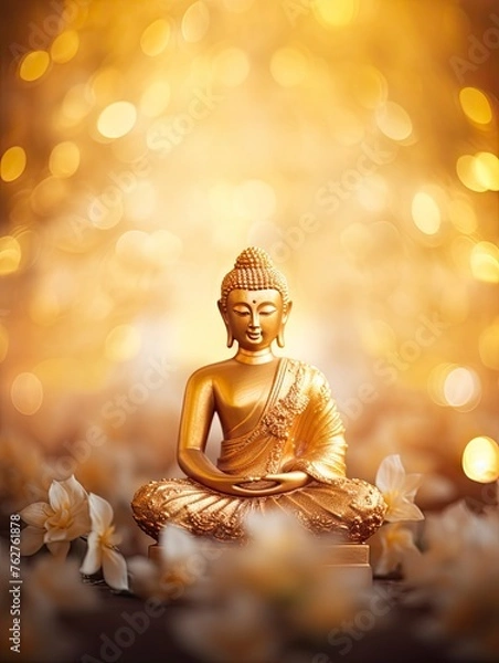 Fototapeta Makha Asanaha Visakha Bucha Day Golden Buddha image. Background of Bodhi leaves with shining light. Soft image and smooth focus style and copy space - generative ai