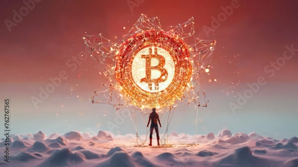 Fototapeta Man Standing in Snow Holding Lit Up Bitcoin