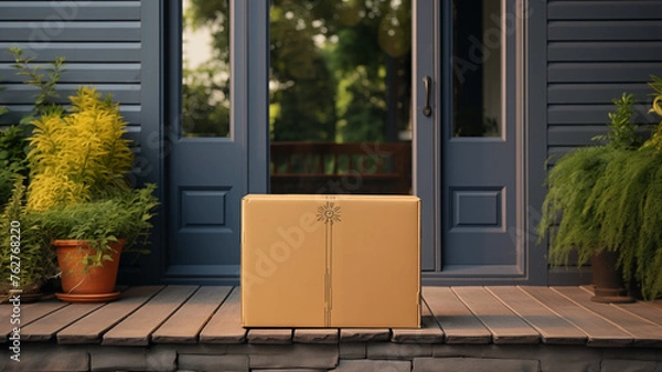 Obraz Cardboard box in front of a front door