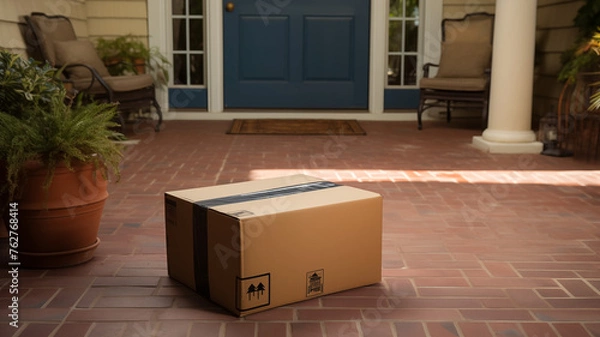 Obraz Cardboard box in front of a front door