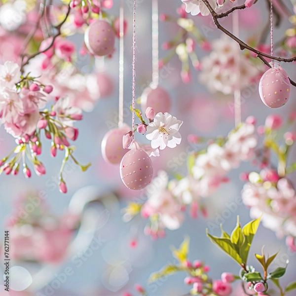 Obraz cherry tree with flowers and easter eggs