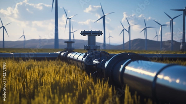 Obraz A hydrogen pipeline with wind turbines in the background