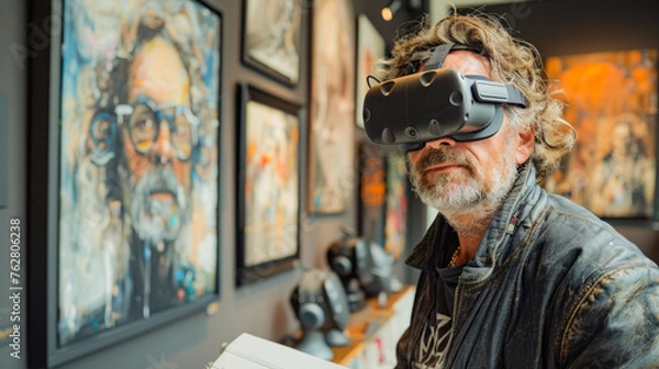 Fototapeta A man wearing a virtual reality headset in an art museum. A person using a VR headset to explore a museum. A visitor wearing a VR headset looks at a painting in a museum. generative ai.