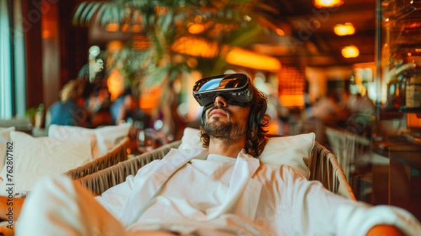 Fototapeta A stylishly dressed man in virtual reality glasses rests in a restaurant or hotel. Technologies of futuristic reality. generative ai