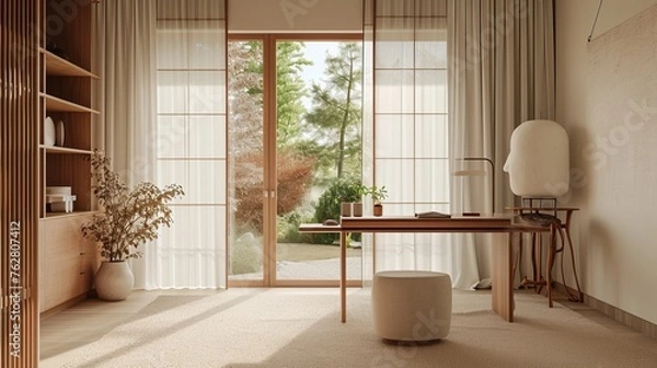 Obraz Japandi home office with a low desk shoji screens 