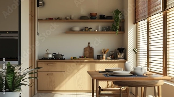 Fototapeta Japandi Inspired Kitchen Nook Compact kitchen nook with dishes