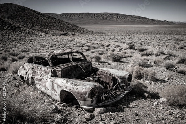 Obraz Weathered, Bullet Riddled Car Bakes in California Desert