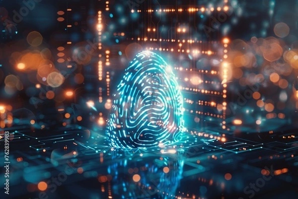 Fototapeta photorealistic image of a fingerprint morphing into a glowing blue padlock
