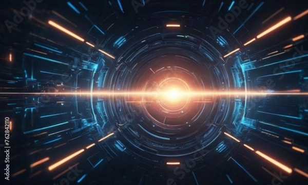 Fototapeta Futuristic technology digital concept background banner website illustration - Dark blue abstract background with glowing geometric glowing shiny lines