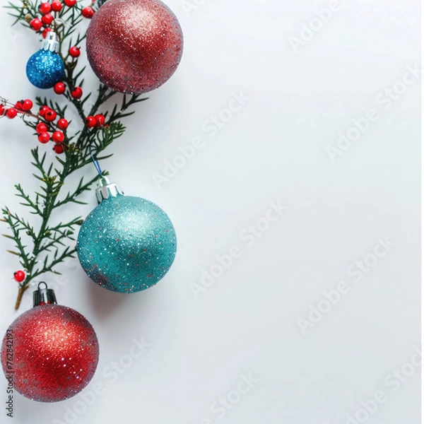 Fototapeta A white background with three red and blue Christmas ornaments on a branch