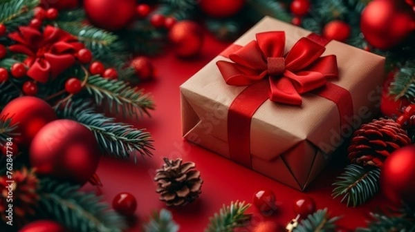 Fototapeta A brown box with a red bow sits on a red background with Christmas decorations