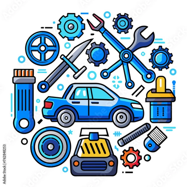 Fototapeta Car service icon set with black stroke and white background. Auto service, car repair icon set. Car service and garage.