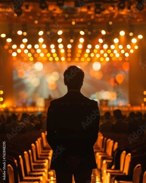 Fototapeta A man stands in a dark room with a large screen in front of him