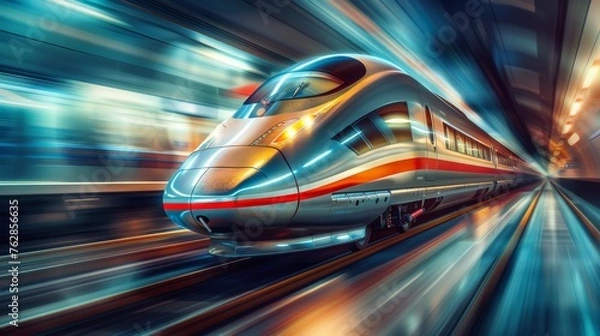 Fototapeta A train is speeding down the tracks with a sunset in the background