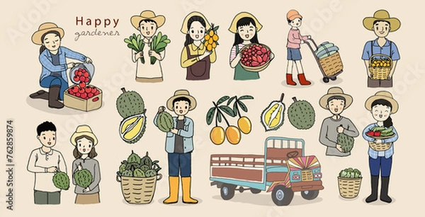Fototapeta Happy farmer and gardener set, farm truck, farmer or gardener in uniform holds basket of ripe vegetables and fruits. Work and harvest.