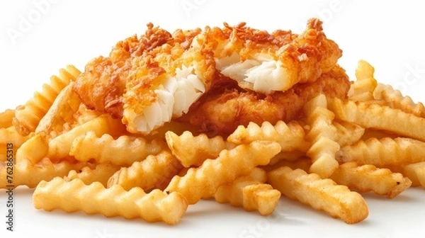 Fototapeta Golden crispy fish and chips food photography isolated on white background, tempting and delicious