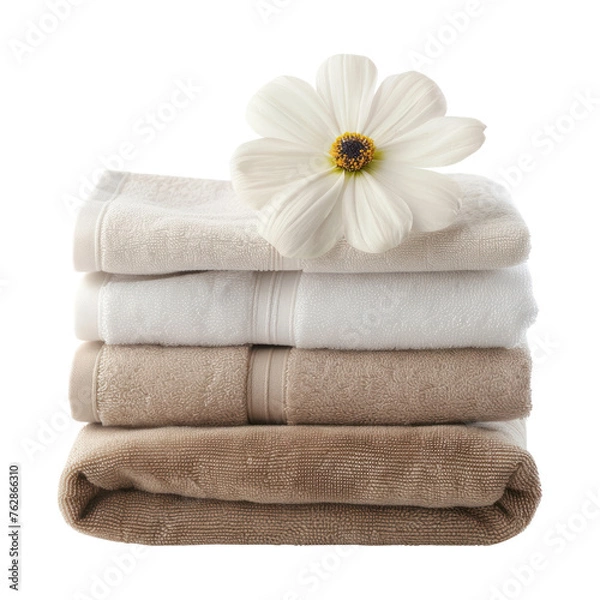 Fototapeta Stack of Fresh Towels with a Delicate Flower on top of stack towels.Stack of Luxury Bath towels cutout clipart