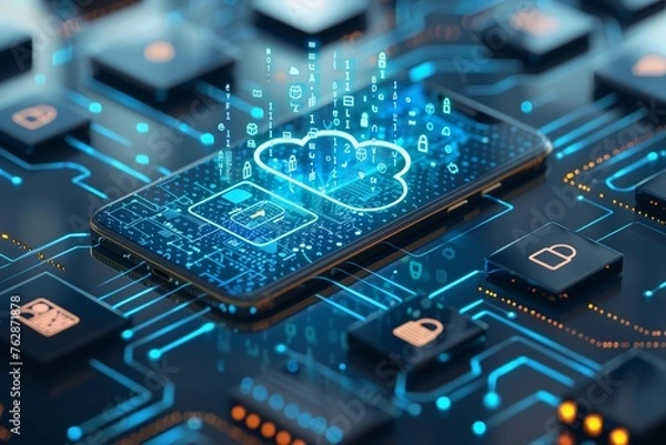 Obraz Smartphone of the Future Connecting to Cloud In a Circuit World With Intelligence Endless Innovation.