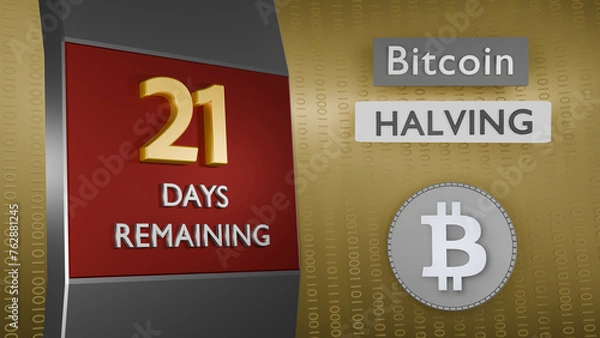 Obraz Bitcoin Halving countdown reminder 21 days remaining concept. 3D Rendering