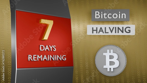 Obraz Bitcoin Halving countdown reminder 7 days remaining concept. 3D Rendering