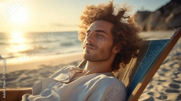 Fototapeta Relax in summer by the sea. A young and successful curly man lies on a sun lounger by the sea against the backdrop of sunset, time to travel