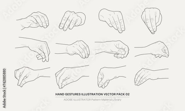 Obraz A collection of retro-styled, detailed illustrations of hand gestures, showcasing hand-drawn design elements.