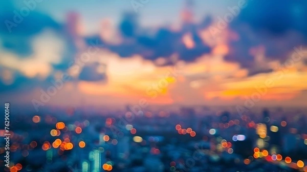 Fototapeta Real estate concept Abstract blur aerial view city on twilight color sky and clouds cityscape autumn sunrise background Bangkok Thailand Asia : Generative AI