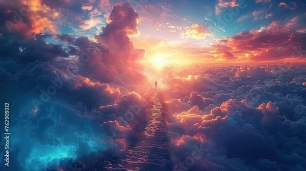 Fototapeta Stairway to heaven in heavenly concept. Religion background. Stairway to paradise in a spiritual concept. Stairway to light in spiritual fantasy. Path to the sky and clouds. God light