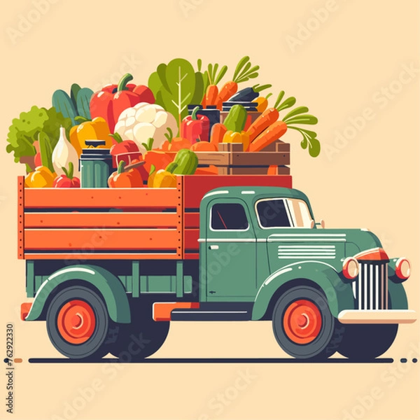 Obraz Flat Retro truck loaded with fresh vegetables farm vector
