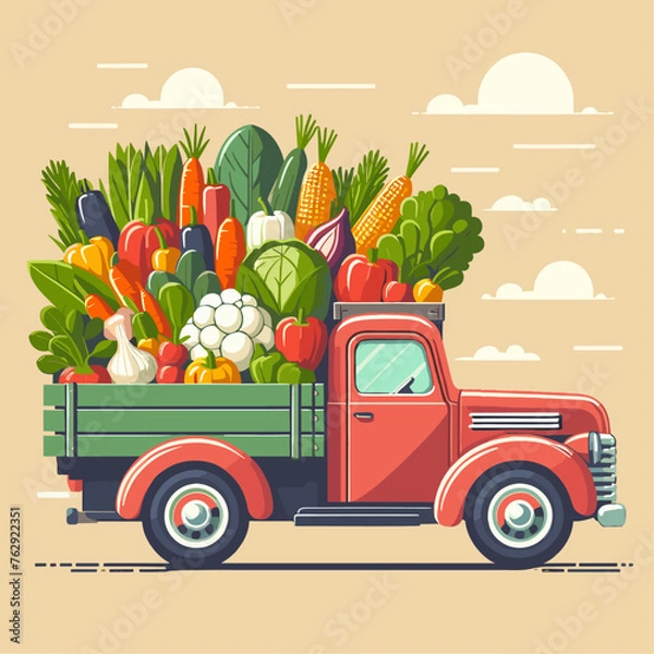 Obraz Flat Retro truck loaded with fresh vegetables farm vector