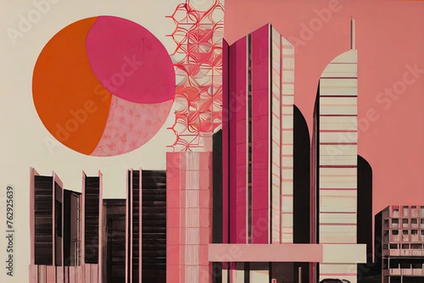 Fototapeta Pink and orange architectural resonance. Indie editorial collage retro illustration. Risograph risoprint artwork. 