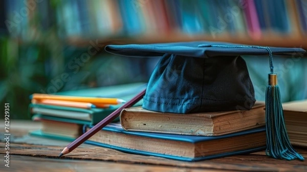 Fototapeta Graduation cap on a stack of books with pencils, the pursuit of knowledge and success