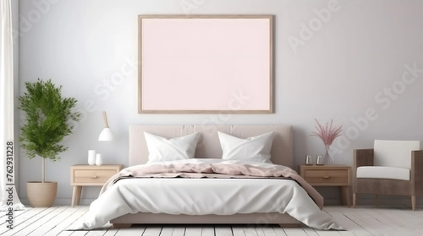 Obraz Mockup frame in bedroom interior background, room in light pastel colors