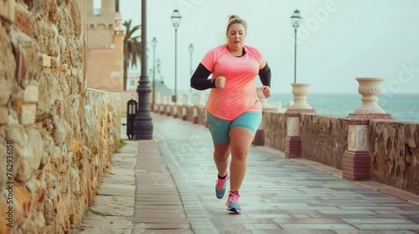 Obraz An overweight woman jogging on the promenade, coastal background. Weight loss concept