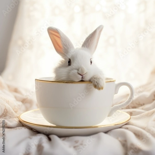 Fototapeta Cute little bunny sitting in teacup. Rabbit in a cup on light blurred background. Spring mourning. Happy Easter concept for greeting card, banner, poster