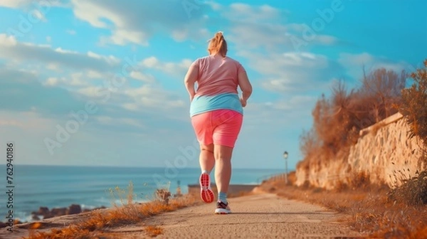 Fototapeta An overweight woman running on the path by the sea, low angle shot from behind. Weight loss concept.