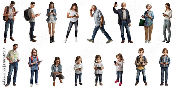 Obraz スマホを見る人々の切抜き素材集（背景透過）