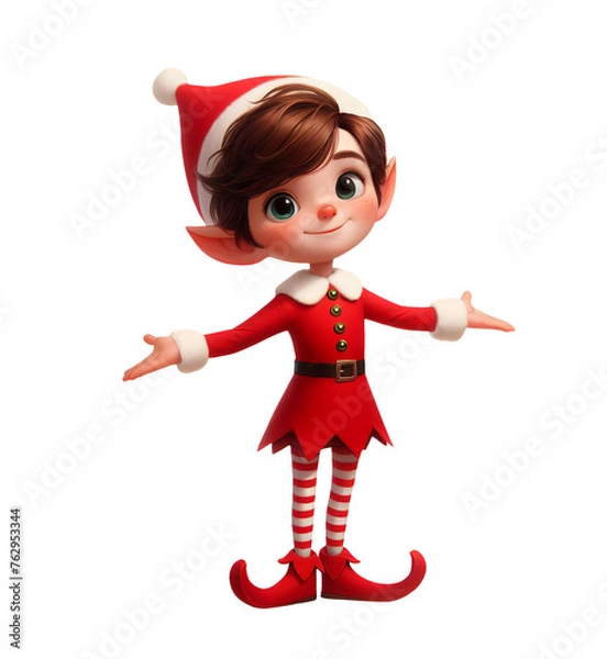 Fototapeta A happy Christmas Elf with arms wide open, isolated on a transparent background	