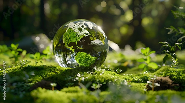 Fototapeta Crystal globe putting on moss, ecology and environment sustainable concept