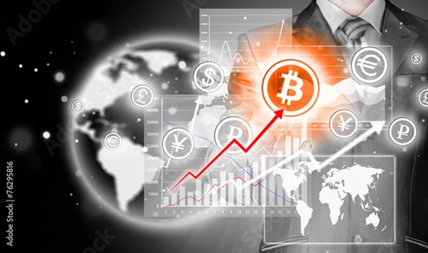 Fototapeta Choosing bitcoins, businessman pressing touch screen button.